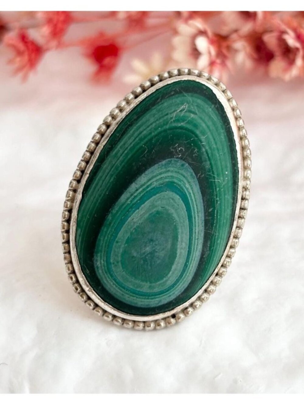 Southwest Style Malachite Gemstone Pear Sterling Silver 925 Vintage Ring - sz 9